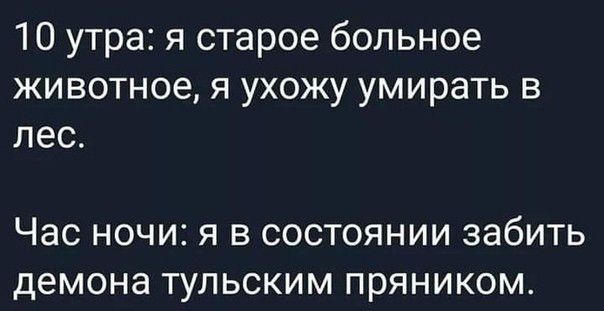 10 утра я старое больное животное я ухожу умирать в лес ЧЭС НОЧИ Я В СОСТОЯНИИ забить Демона ТУЛЬСКИМ ПЭЯНИКОМ