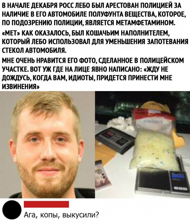 В НАЧАЛЕ дЕКАБРЯ РОСС ЛЕБО БЫЛ АРЕСТОВАН ПОЛИЦИЕЙ ЗА НАЛИЧИЕ В ЕГО АВТОМОБИЛЕ ПОЛУФУНТА ВЕЩЕСТВА КОТОРОЕ ПО ПОДОЗРЕНИЮ ПОЛИЦИИЯВЛЯЕТСЯ МЕТАМФЕТАМИНОМ МЕТ КАК ОКАЗАЛОСЬ БЫЛ КОШАЧЬИМ НАПОЛНИТЕЛЕМ КОТОРЫЙ ЛЕБО ИСПОЛЬЗОВАЛ дЛЯ УМЕНЬШЕНИЯ ЗАПОТЕВАНИЯ СГ ЕКОЛ АВТОМОБИЛЯ МНЕ ОЧЕНЬ НРАВИТСЯ ЕГО ФОТО СДЕЛАННОЕ В ПОЛИЦЕЙСКОМ УЧАСТКЕ ВОТУЖ ГДЕ НА ЛИЦЕ ЯВНО НАПИСАНО ЖДУ НЕ ДОЖДУСЬ КОГДА ВАМ ИДИОТЫ ПРИДЕТСЯ ПР