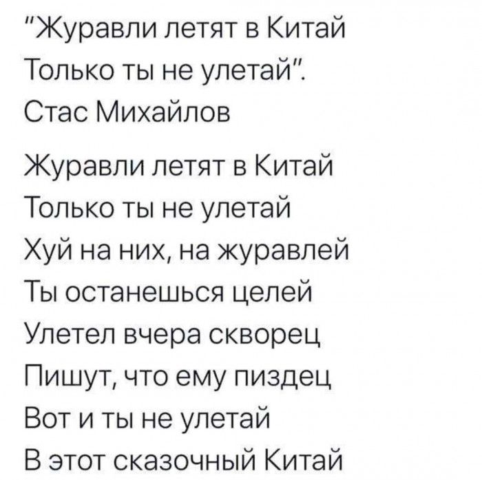 Журавли летят в Китай Только ты не улетай Стас Михайлов Журавли летят в Китай Только ты не улетай Хуй на них на журавлей Ты останешься целей Улетел вчера скворец Пишут что ему пиздец Вот и ты не улетай В этот сказочный Китай
