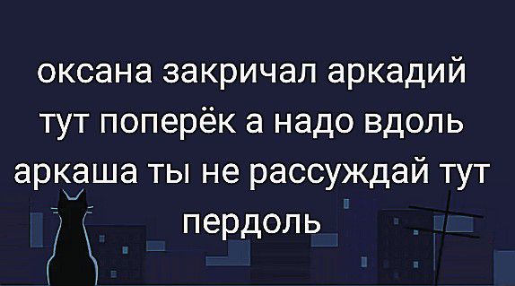 оксана закричал аркадий тут поперёк а надо вдоль аркуаша ты не рассуждай тут пердоль