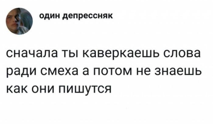 один депрессняк сначала ТЫ каверкаешь СЛОВЭ ради смеха а ПОТОМ не знаешь как ОНИ ПИШУТСЯ