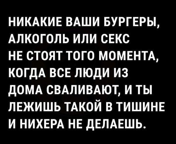 НИКАКИЕ ВАШИ БУРГЕРЫ АЛКОГОЛЬ ИЛИ СЕКС НЕ СТОЯТ ТОГО МОМЕНТА КОГДА ВСЕ ЛЮДИ ИЗ дОМА СВАЛИВАЮТ И ТЫ ЛЕЖИШЬ ТАКОЙ В ТИШИНЕ И НИХЕРА НЕ ДЕЛАЕШЬ