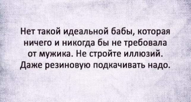 Нет такой идеальной бабы которая ничего и никогда бы не требовала от мужика Не стройте иллюзий даже резиновую подкачивать надо