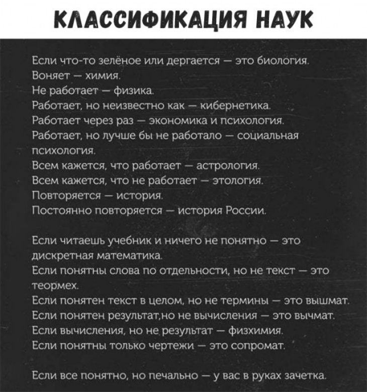 КААССИФИКАЦИЯ НАУК Если что то зеленое или дергается это биология Воняет химия Не работает 7 Физика Работает но неизвестно как кибернетика Работает через раз экономика и психология Работает но лучше бы не работало социальная ПСИХОЛОГИЯ Всем кажется что работает астрология Всем кажется что не работает этология Пон теряется история Постоянно повторяется история России ЕСЛИ ЧИТЗЕШЬ учебник И НИЧЕГО н