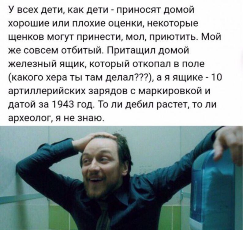 У всех дети как дети приносят домой хорошие или плохие оценки некоторые щенков могут принести мол приютитьс Мой же совсем отбитый Притащил домой железный ящик который откопал в поле какого хера ты там делал а я ящике 10 артиллерийских зарядов с маркировкой и датой за 1943 год То ли дебил растет то ли археолог я не знаю