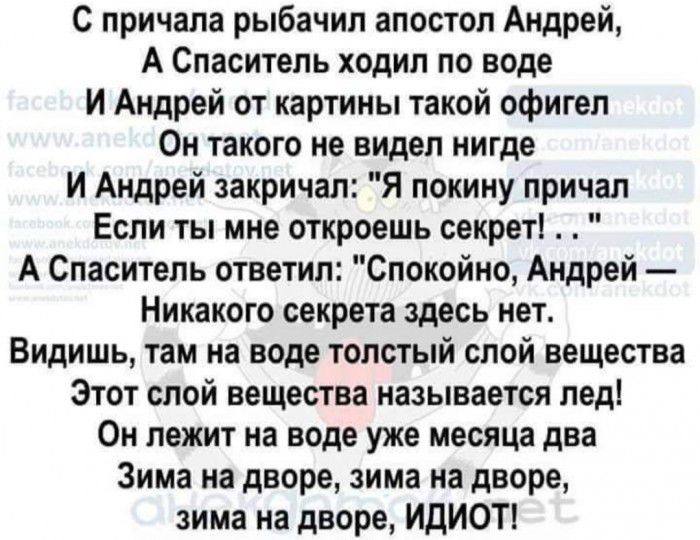 С причала рыбачил апостол Андрей А Спаситель ходил по воде И Андрей от картины такой офигел Он такого не видел нигде И Андрей закричал Я покину причал Если ты мне откроешь секрет А Спаситель ответил Спокойно Андрей Никакого секрета здесь нет Видишь там на воде толстый слой вещества Этот слой вещества называется пед Он лежит на воде уже месяца два Зима на дворе зима на дворе зима на дворе ИДИОТ