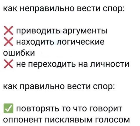 как НЭПРЭВИЛЬНО ВЗСТИ СПОР Х приводить аргументы Х находить логические ошибки Х не переходить на личности как правильно вести спор повторять то что говорит оппонент пискпявым голосом