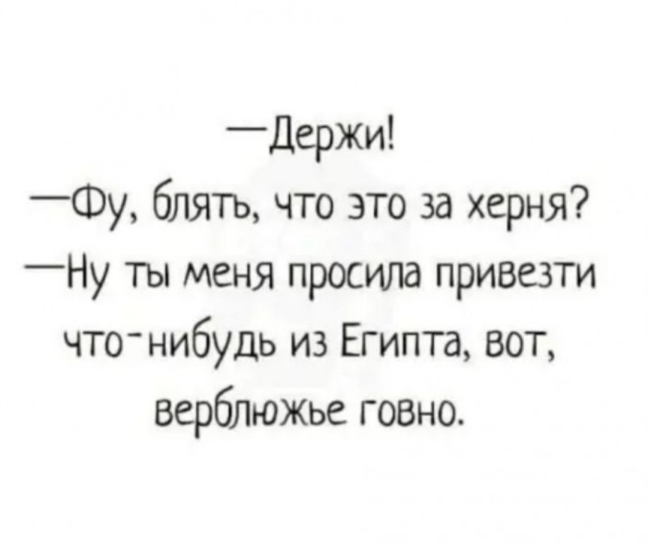 _Держи _Фу блять что это за херня Ну ты меня просила привезти что нибудь из Египта вот верблюжье говно