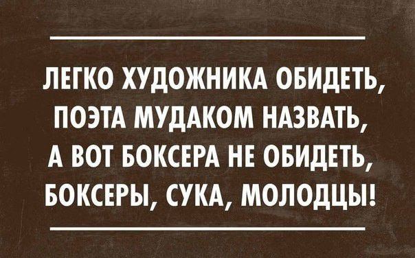 ЛЕГКО ХУДОЖНИКА ОБИДЕТЬ ПОЭТА МУДАКОМ НАЗВАТЬ А ВОТ БОКСЕРА НЕ ОБИДЕТЬ БОКСЕРЫ СУКА МОЛОДЦЫ