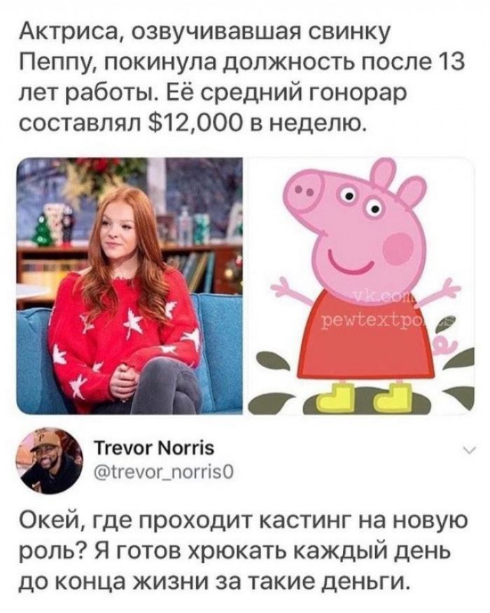 Актриса озвучивавшая свинку Пеппу покинула должность после 13 лет работы Её средний гонорар составлял 12000 в неделю Тгечог Моггіз тгечогщоггізо Окей где проходит кастинг на новую роль Я готов хрюкать каждый день до конца жизни за такие деньги