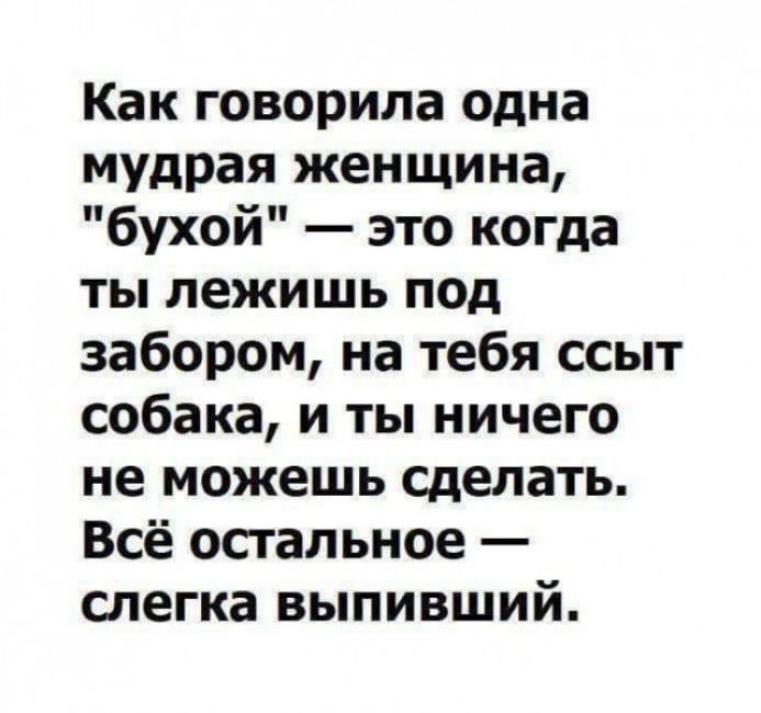 Как говорила одна мудрая женщина бухой это когда ты лежишь под забором на тебя ссыт собака и ты ничего не можешь сделать Всё остальное слегка выпивший