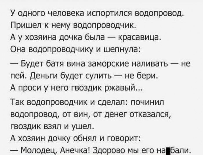 У одного человека испортился водопровод Пришел к нему водопроводчик А у хозяина дочка была красавица Она водопроводчику и шепнула Будет батя вина заморские наливать не пей Деньги будет сулить не бери А проси у него гвоздик ржавый Так водопроводчик и сделал починил водопровод от вин от денег отказался гвоздик взял и ушел А хозяин дочку обнял и говорит Молодец Анечка Здорово мы его набапи