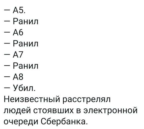 А5 Ранил А6 Ранил А7 Ранил А8 Убил Неизвестный расстрелял людей стоявших в электронной очереди Сбербанка