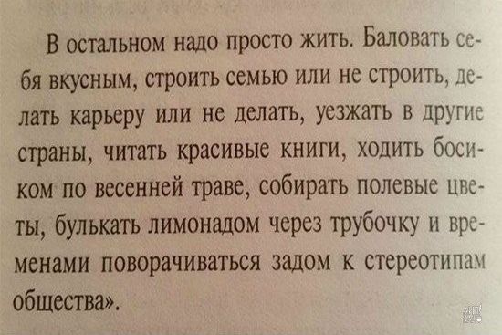 В осталъном надо просто жить Балонать о бя вкусным строить семью или не строить то лать карьеру или не делать уезжать в други страны читать красивые книги ходить боси ком по весенней траве собирать полевые нпс ты булькать лимонадом через трубочку и вре менами поворачиваться задом к стереотипа общества