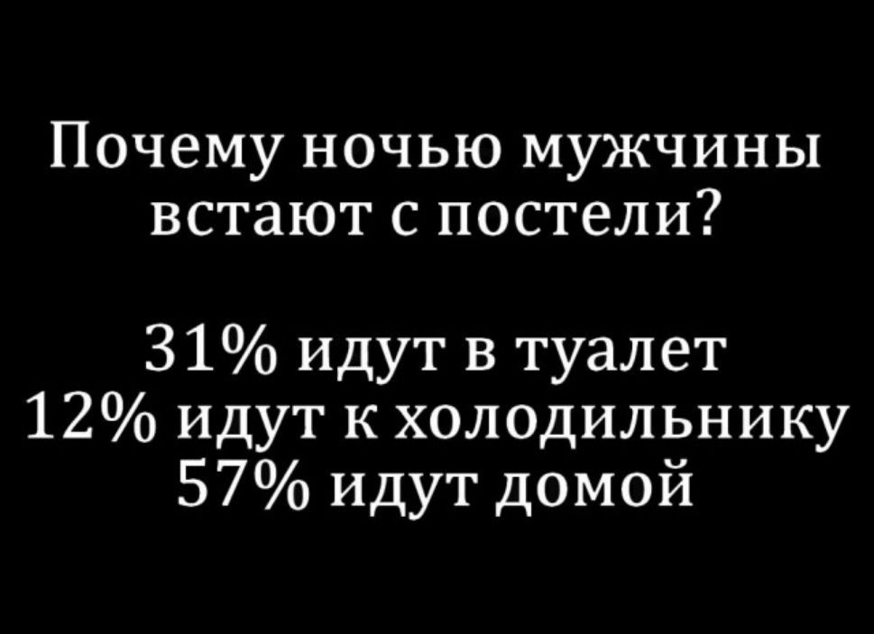 Почему ночью мужчины встают с постели 31 идут в туалет 12 идут к холодильнику 57 идут домой