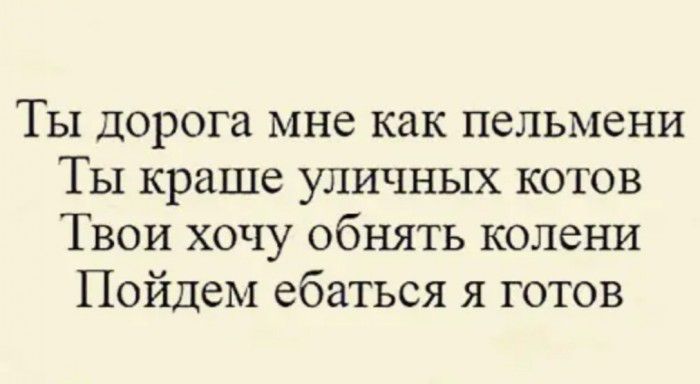 Ты дорога мне как пельмени Ты краше уличных котов Твои хочу обнять колени Пойдем ебаться я готов