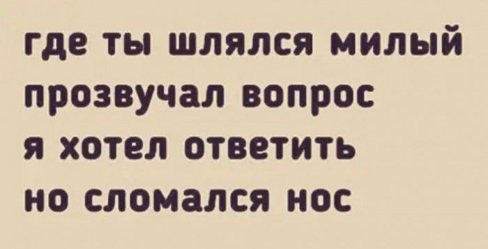 где ТЫ ШЛЯЛСЯ милый прозвучал ВОПРОС Я ХОТЕЛ ОТВЕТИТЬ НО СЛОМЗЛСЯ НОС