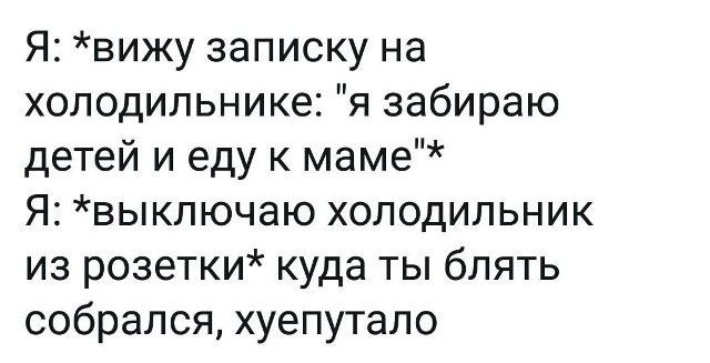 Я вижу записку на холодильнике я забираю детей и еду к маме Я выключаю холодильник из розетки куда ты блять собрался хуепутало