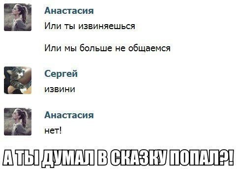 Анастасия Или ты извиняешься Или мы больше не общаемся Сергей извини Анастасия нет