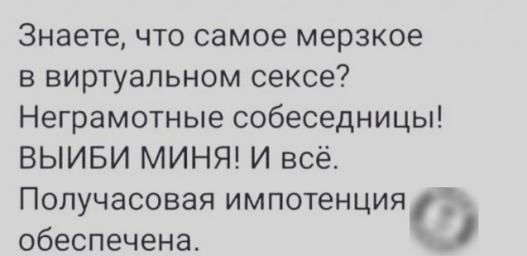 Знаете что самое мерзкое в виртуальном сексе Неграмотные собеседницы ВЫИБИ МИНЯ И всё Получасовая импотенция обеспечена