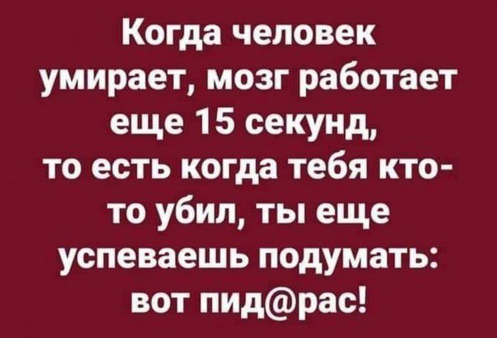 Когда человек умирает мозг работает еще 1 5 секунд то есть когда тебя кто то убил ты еще успеваешь подумать вот пидрас