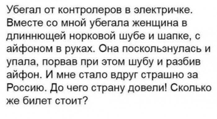 Убегап от контролеров в электричке Вместе со мной убегала женщина в длиннющей норковой шубе и шапке с айфоном в руках Она поскользнупась и упала порвав при этом шубу и разбив айфон И мне стало вдруг страшно за Россию до чего страну довели Сколько же бипет стоит