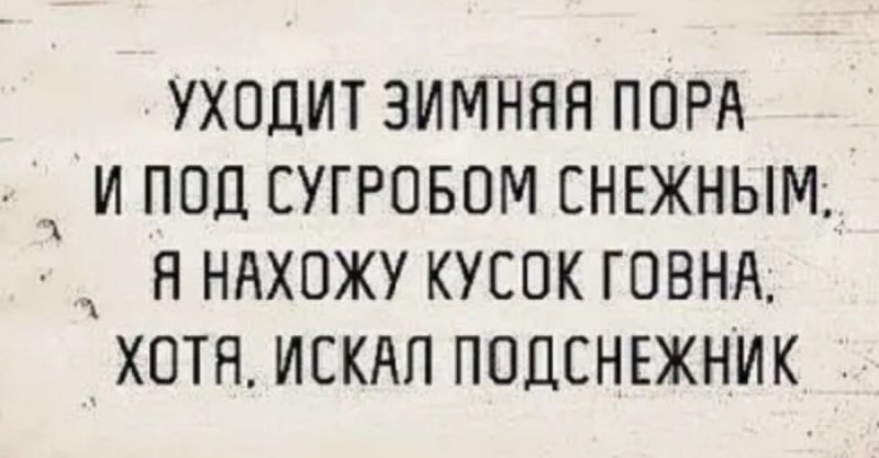 УХОДИТ ЗИМНЯЯ ПОРА И под ЕУГРОБОМ СНЕЖНЫМ Я НАХОЖУ КУБОК ГОВНА _ ХОТЯ ИСКАП ПОДСНЕЖНИК