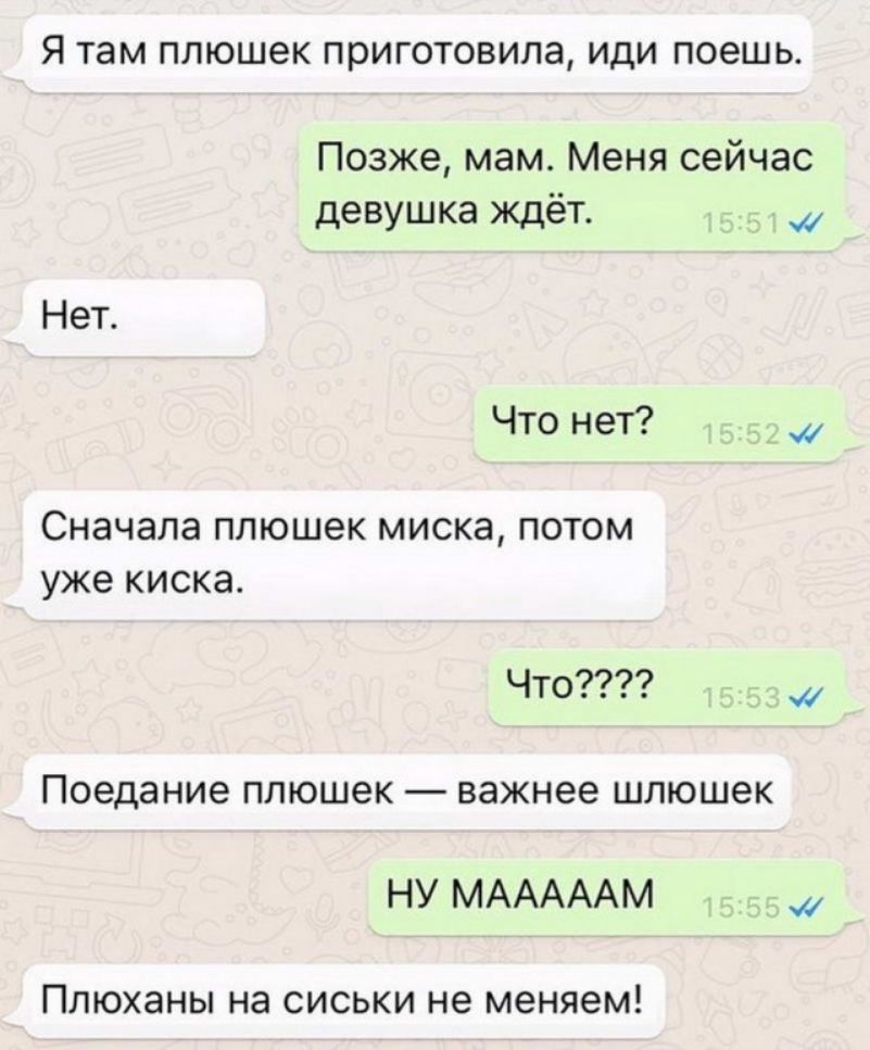 Я там ПЛЮШЭК приготовила ИДИ П06ШЬ Позже мам Меня сейчас девушка ждёт Нет Что нет Сначала плюшек миска потом уже киска Что Поедание ппюшек важнее шлюшек НУ МАААААМ Плюханы на сиськи не меняем