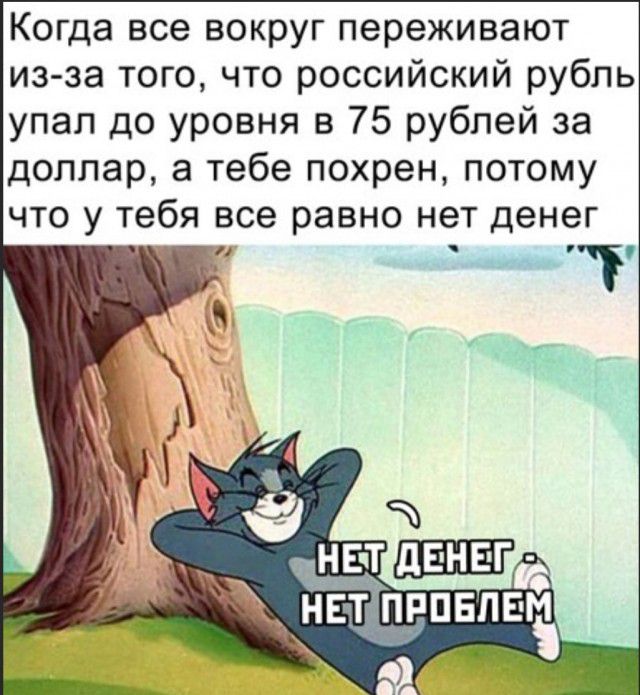Когда все вокруг переживают из за того что российский рубль упал до уровня в 75 рублей за доллар а тебе похрен потому что у тебя все равно нет денег Е приняв 1