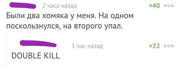 _ 2часа назад 40 000 Были два хомяка у меня На одном ПОСКОЛЬЗНУЛСЯ на ВТОРОГО упал _ ічас назад 22 000 ВОЦВЪЕ К__