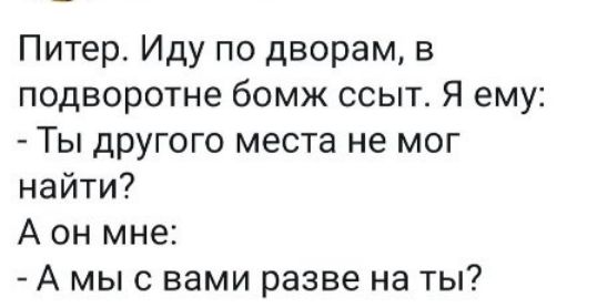 Питер Иду по дворам в подворотне бомж ссыт Я ему Ты другого места не мог найти А он мне А мыс вами разве на ты