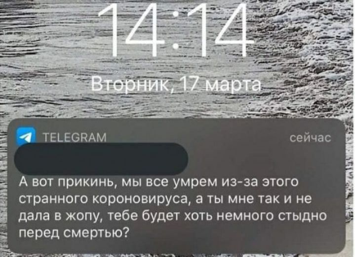 Ю теьвспАм А вот прикинь мы все умрем из за этого странного короновируса а ты мне так и не дала в жопу тебе будет хоть немного стыдно перед смертью и ПМ