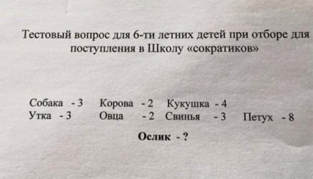 Тестовый вопрос для 6 ти летних детей при отборе для посгушпения в Школу сокрвтиков Собака 3 Корова 2 Кукушка 4 Утка 3 Овца 2 Свинья 3 Петух 8 Ослик