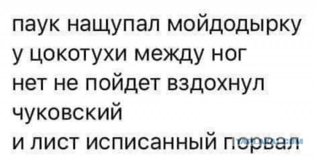 паук нащупал мойдодырку у цокотухи между ног нет не пойдет вздохнул чуковский и лист исписанный перша гг