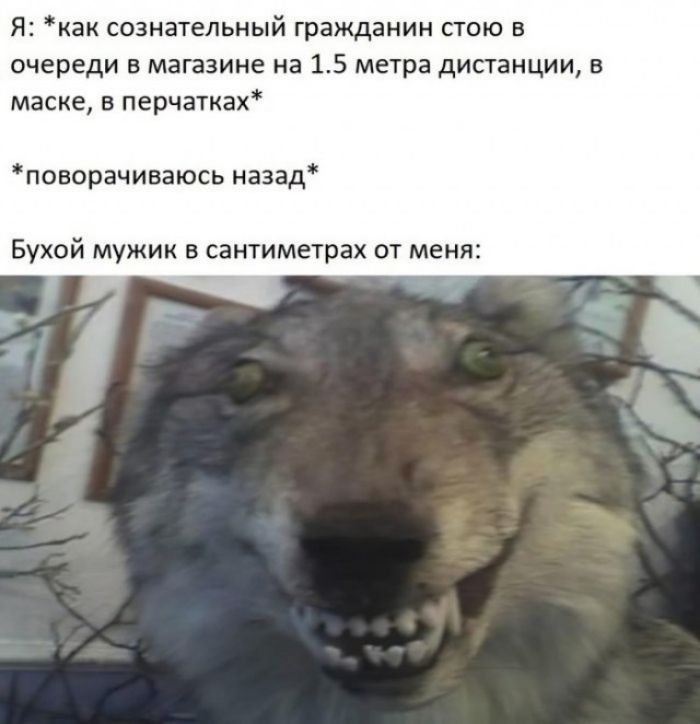 Я как сознательный гражданин стою в очереди в магазине на 15 метра дистанции в маске в перчатках оворачиваюсь назад Бухой мужик в сантиметрах от меня