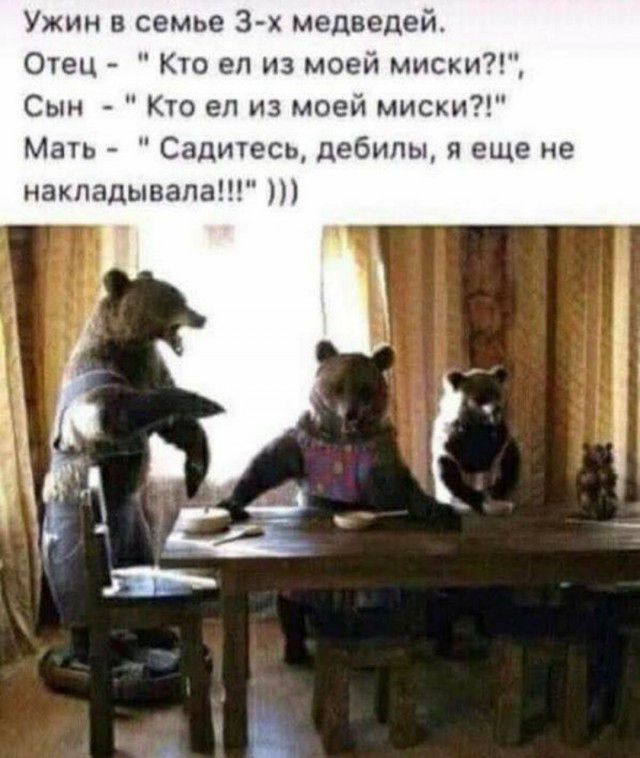 Ужин в семье 3х медведей Отец Кю еп из моей миски Сын Кю ел из моей миски Мать Садитесь дебилы я еще не накладывала