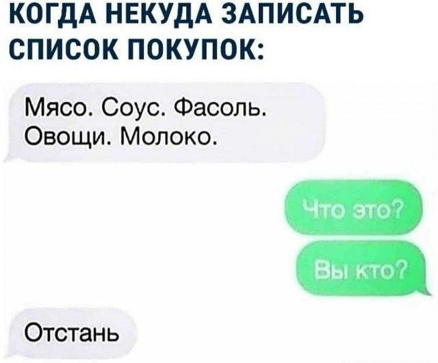 КОГДА НЕКУДА ЗАПИСАТЬ СПИСОК ПОКУПОК Мясо Соус Фасоль Овощи Молоко Отстань