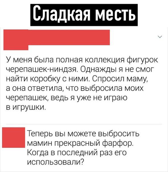 С дкая месть У меня была полная коллекция фигурок черепашек ниндзя Однажды я не смог найти коробку с ними Спросил маму а она ответила что выбросила моих черепашек ведь я уже не играю в игрушки Теперь вы можете выбросить мамин прекрасный фарфор Когда в последний раз его использовали