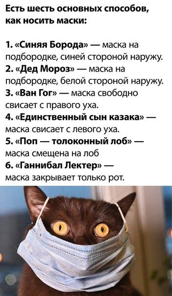 Есть шесть основных способен как НОСИТЬ маски 1 Синяя Борода маска на подбородке синей стороной наружу 2 дед Мороз маска на подбородке белой стороной наружу 3 Ван Гог маска свободно свисает с правого уха 4 Единственный ыи казака маска свисает с левого уха 5 Поп толоконный поб маска смещена на поб 6 Ганнибал Лектер маска закрывает только рот