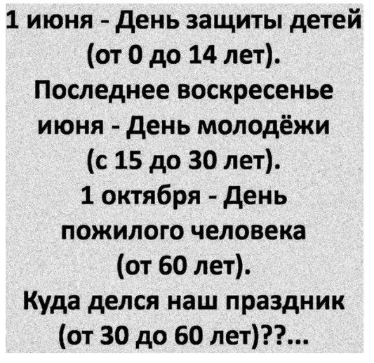 1 июня день защиты детей от О до 14 лет Последнее воскресенье июня день молодёжи с 15 до 30 лет 1 октября день пожилого человека от 60 лет Куда делся наш праздник от 30 до 60 лет
