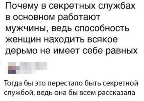Почему в секретных службах в основном работают мужчины ведь способность женщин находить всякое дерьмо не имеет себе равных Тогда бы это перестало быть секретной службой ведь она бы всем рассказала