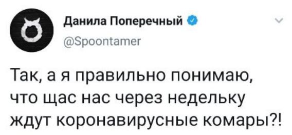 данипа Поперечный кіуЗроотагпег Так а я правильно понимаю что щас нас через недельку ждут коронавирусные комары
