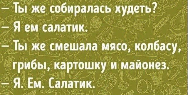 _ ты же собиралась худеть Я ем салатик _ Ты же смешала мясо колбасу грибы Картошку и майонез Я ЕМ Салатик