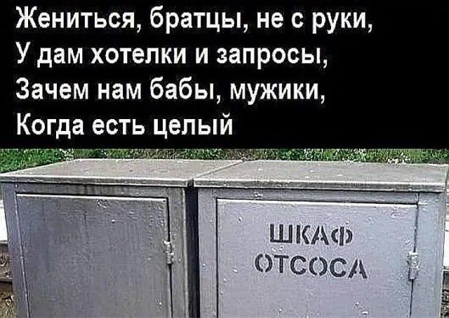 Жениться братцы не с руки У дам хотелки и запросы Зачем нам бабы мужики Когда есть целый