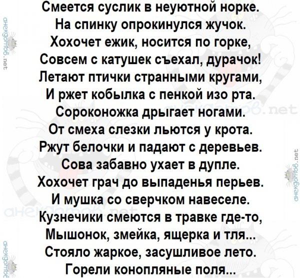 Смеется суслик в неуютной норке На спинку опрокинулся жучок Хохочет ежик носится по горке Совсем с катушек съехал дурачок Летают птички странными кругами И ржет кобылка с ленкой изо рта Сороконожка дрыгает ногами От смеха слезки льются у крота Ржут бепочки и падают с деревьев Сова забавно ухает в дупле Хохочет грач до выпаденья перьев И мушка со сверчком навеселе Кузнечики смеются в травке где то 