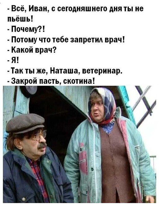 Всё Иван сегодняшнего дня ты не пьёшь Почему Потому что тебе запретид врач Какой врач Я Так ты же Наташа ветеринар Закрой пасть скотина