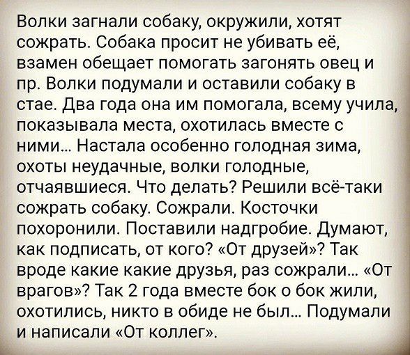 Волки загнали собаку окружили хотят сожрать Собака просит не убивать её взамен обещает помогать загонять овец и пр Волки подумали и оставили собаку в _ стае Два года она им помогала всему учила показывала места охотилась вместе с ними Настала особенно голодная зима охоты неудачные волки голодные отчаявшиеся Что делать Решили всётаки сожрать собаку Сожрапи Косточки похоронили Поставили надгробие Ду