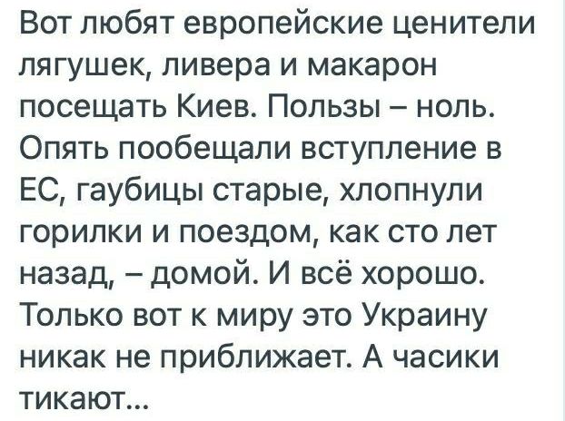 Вот любят европейские ценители лягушек пивера и макарон посещать Киев Попьзы нопь Опять пообещали вступление в ЕС гаубицы старые хлопнупи горилки и поездом как сто лет назад домой И всё хорошо Только вот к миру это Украину никак не приближает А часики тикают