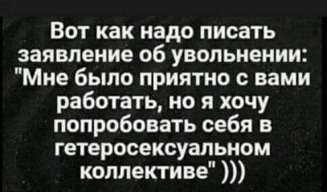 Вот как надо писать заявление об увольнении Мне было приятно вами работать но я хочу попробовать себя в гетеросексуальном коллективе