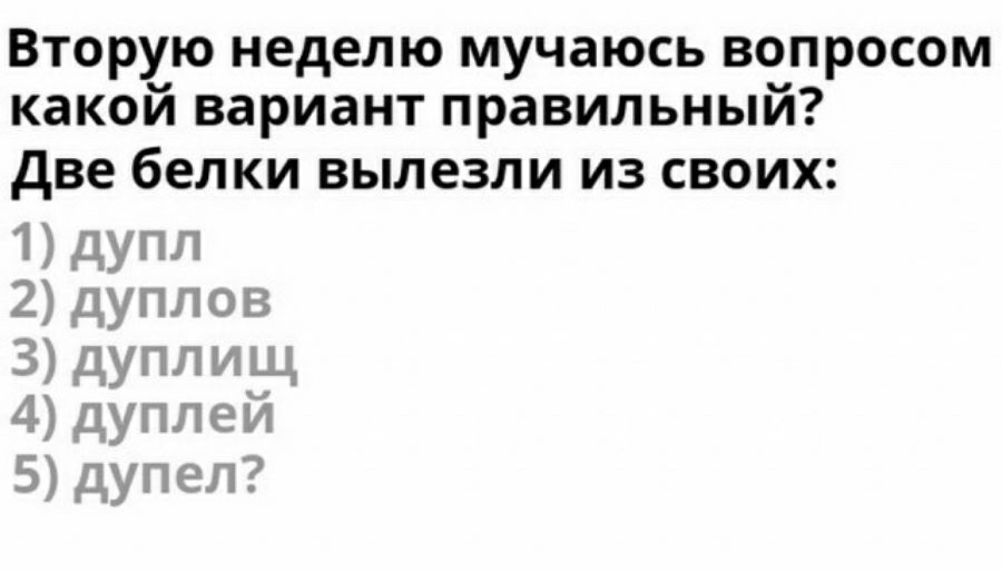 Вторую неделю мучаюсь вопросом какой вариант правильный две белки вылезли из своих 1дупл 2 дуплов 3 дуппищ 4 дуппей 5 дупел